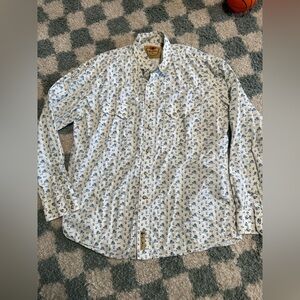 LARRY MAHAN 100% Cotton White & Blue Floral Western Pearl Snap Button Down Shirt